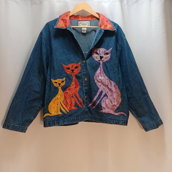 COPY - Tantrums,  womens cat embroidered denim large button up jacket. - Picture 1 of 11